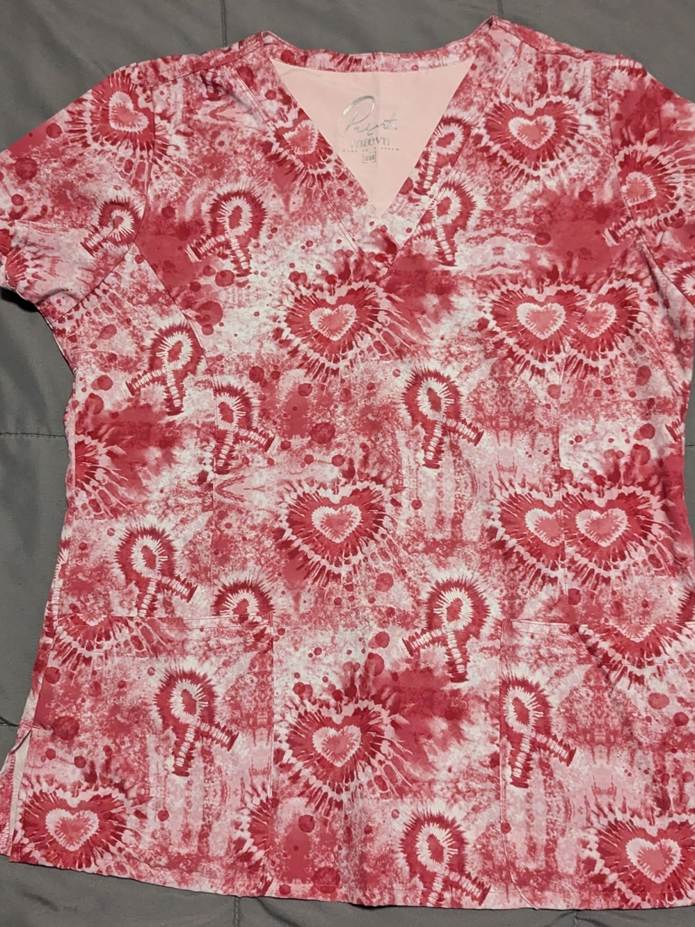 Woman's Scrub top -Heart Tie-Dye V-Neck Short Sleeve Tee - Pink/Red